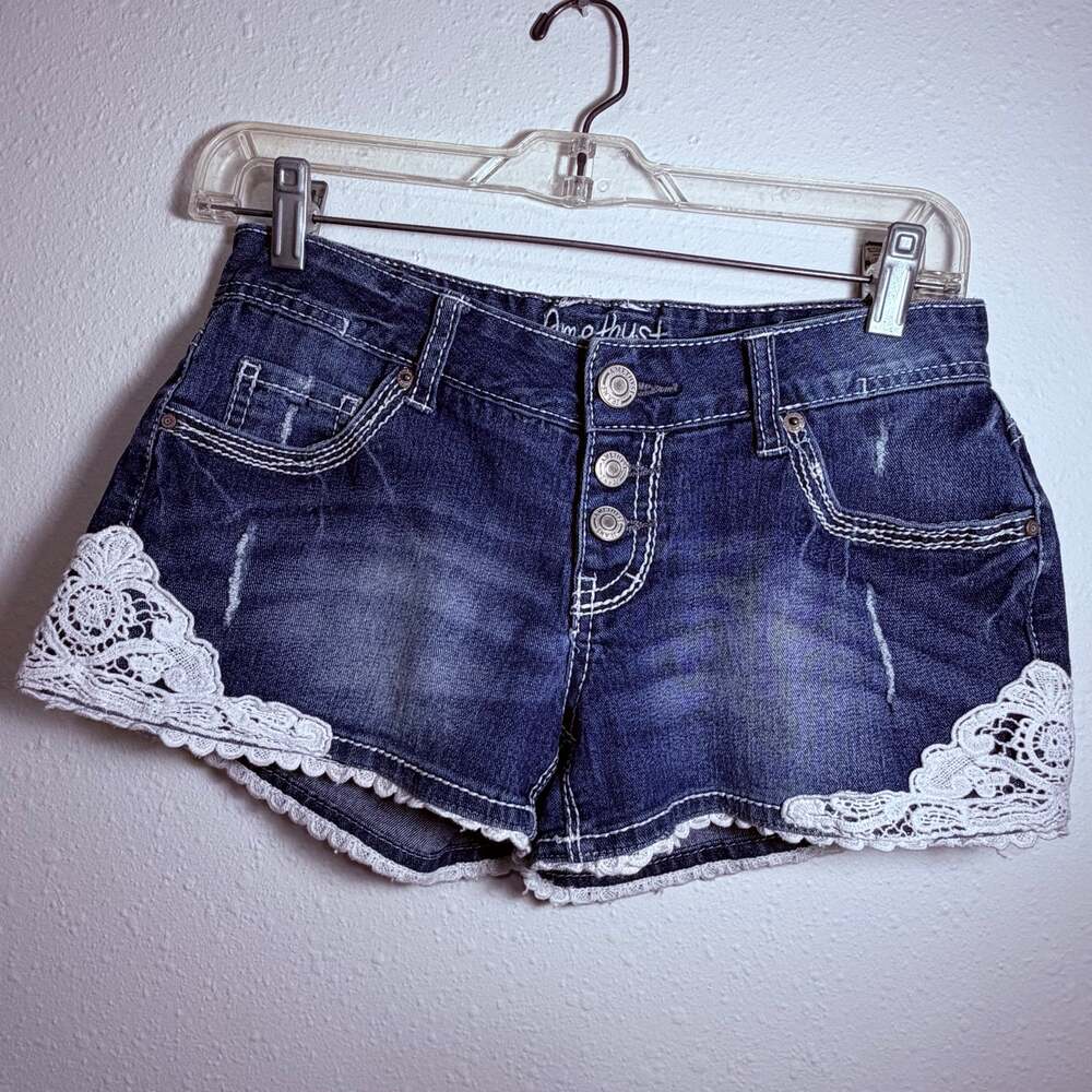 Amethyst Jeans Women's 3 Distressed Button Fly Crochet Lace Trim Denim Shorts